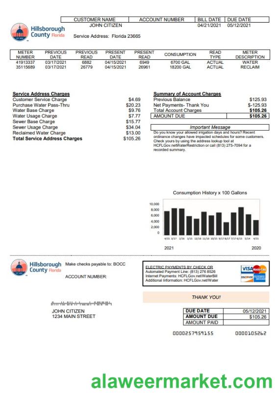 USA Hillsborough County utility bill template in Word and PDF format